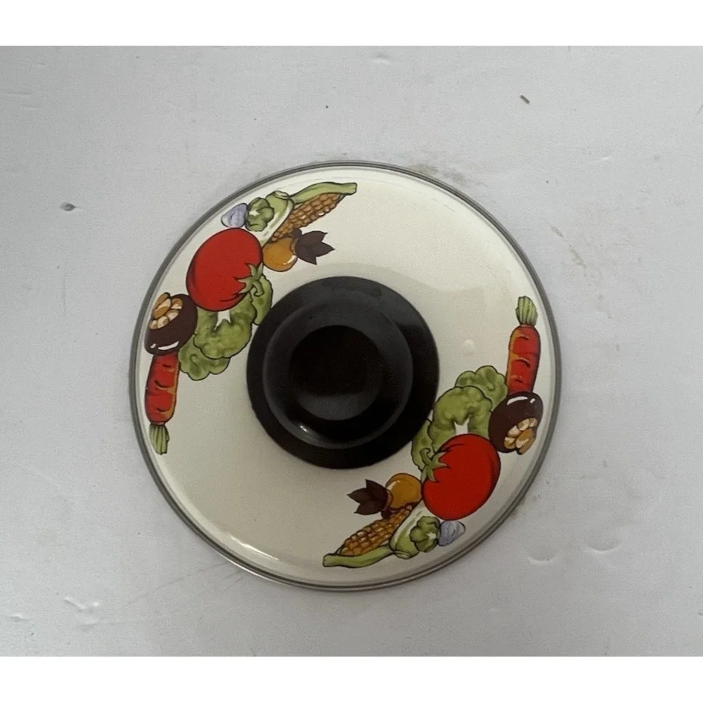 Vintage 70s Enamel Cookware Lid Vegetables‎ Tomatoes Corn Mushrooms Carrots